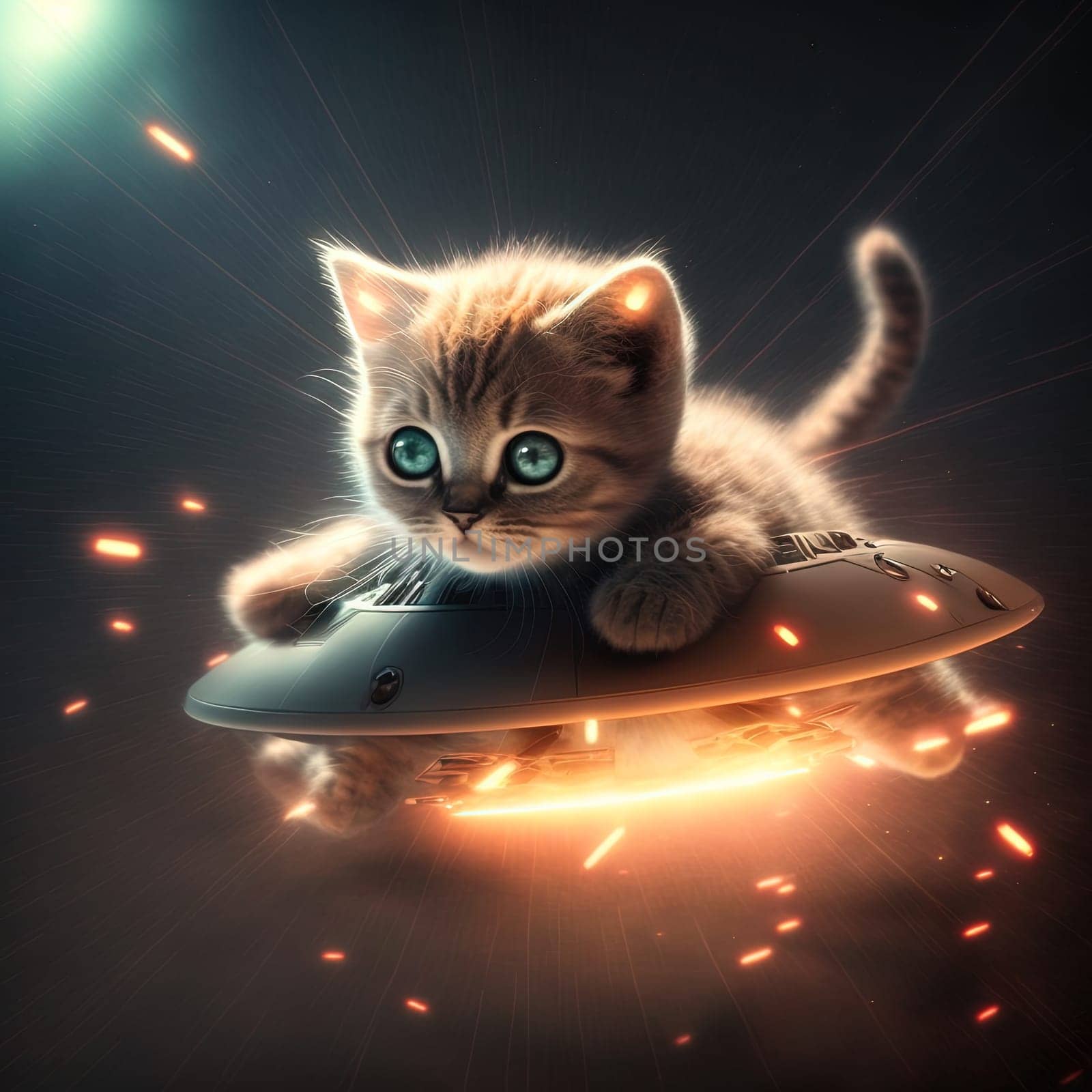 Cute fluffy kitten driving UFO in space. Funny cat rides sci-fi spacecraft or alien spaceship. Generated AI