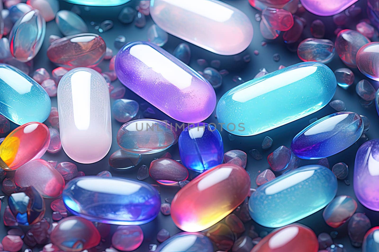 Background with pills and capsules in neon blue and purple colors. Medical drug or dietary supplement concept. Generated AI