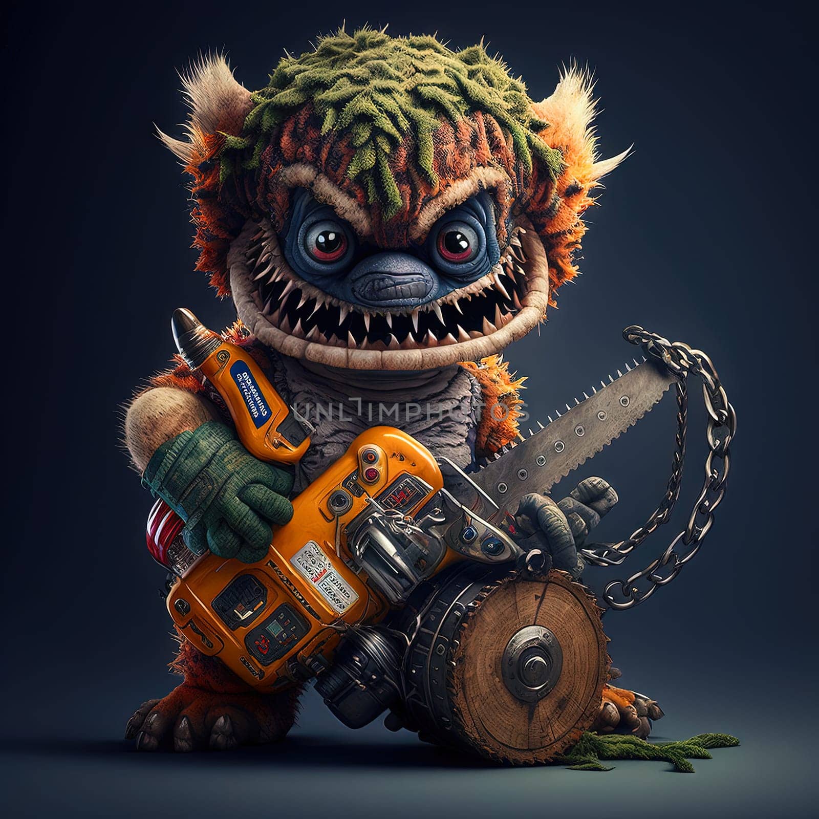 Funny and spooky figure of monster with a chainsaw. Crazy lumberjack mascot. Generative AI