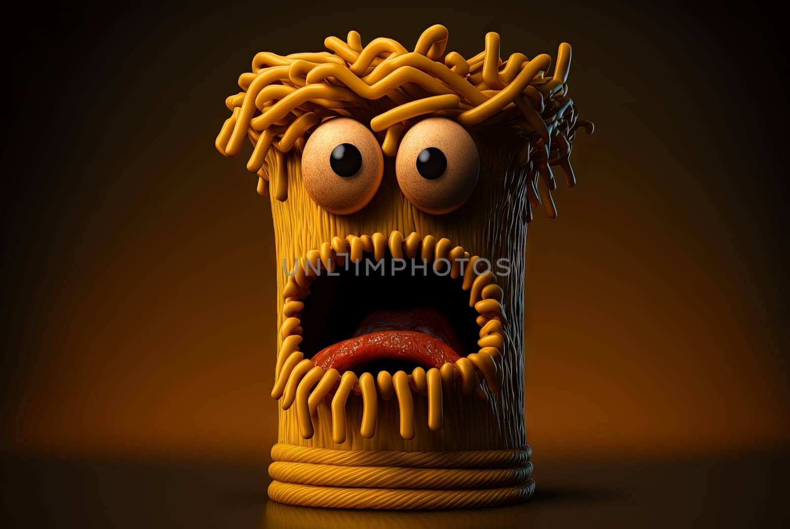 Funny monster spaghetti. Cute pasta, noodle or ramen character with crazy funny face. Generated AI