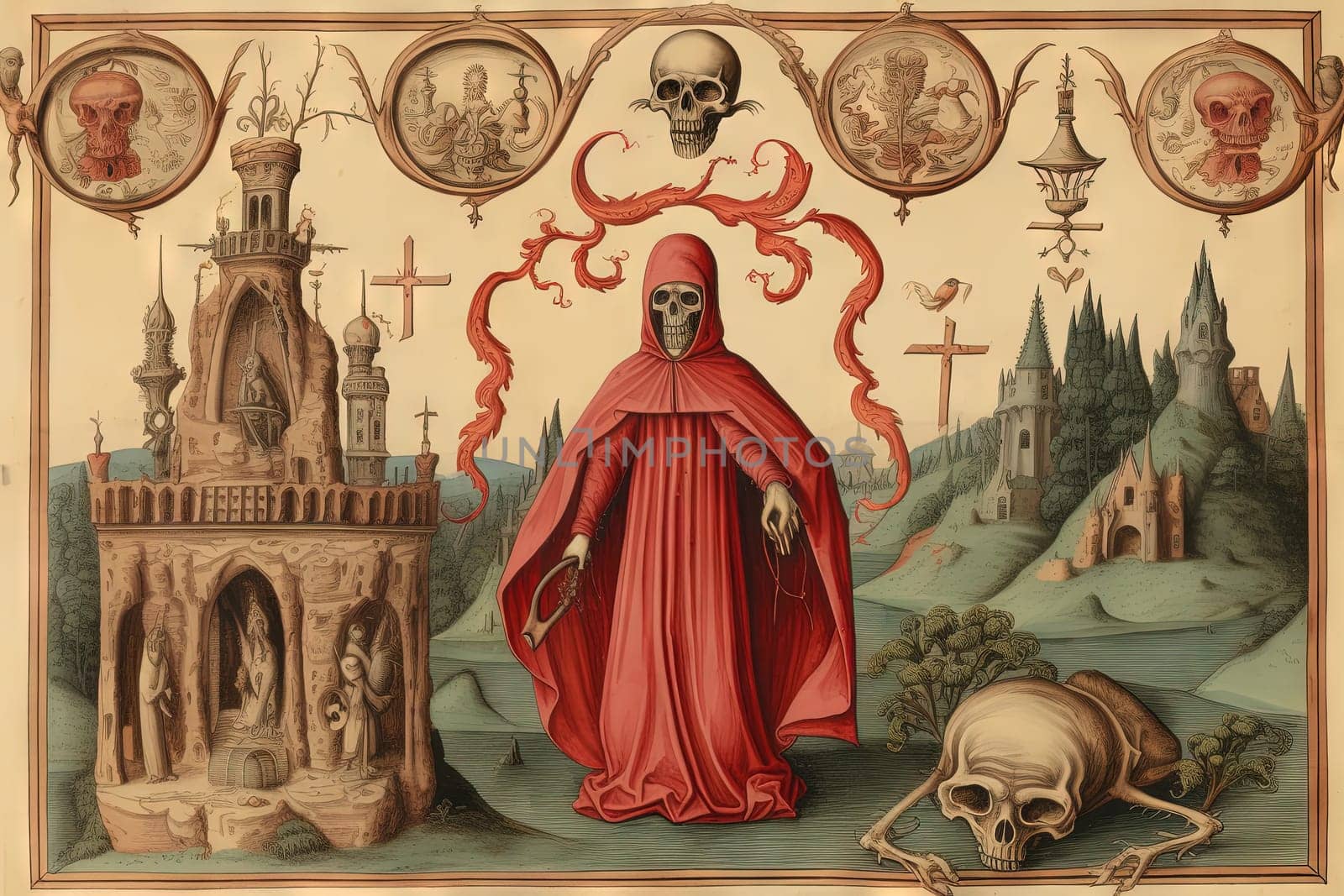 Medieval styled occult art with skeleton and monsters. Ancient icon or old book illustration with mystic religious scene. Generated AI