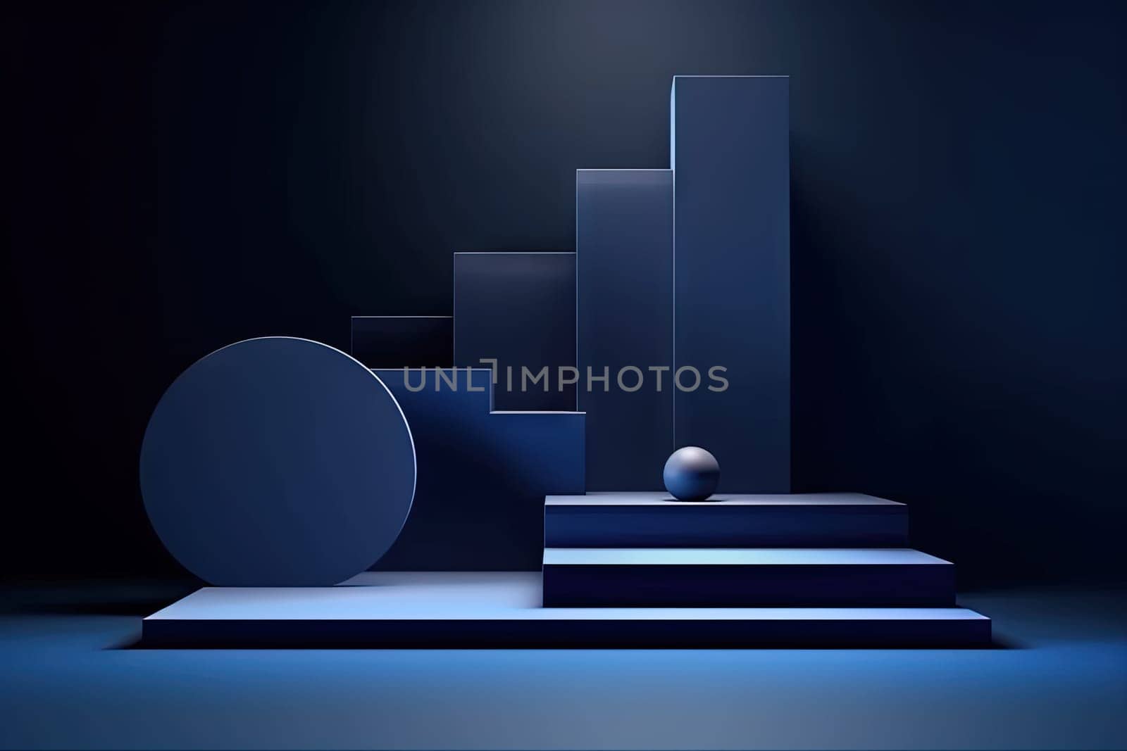 Dark blue pedestal in black room with geometric shapes. Podium for product showcase. Generated AI