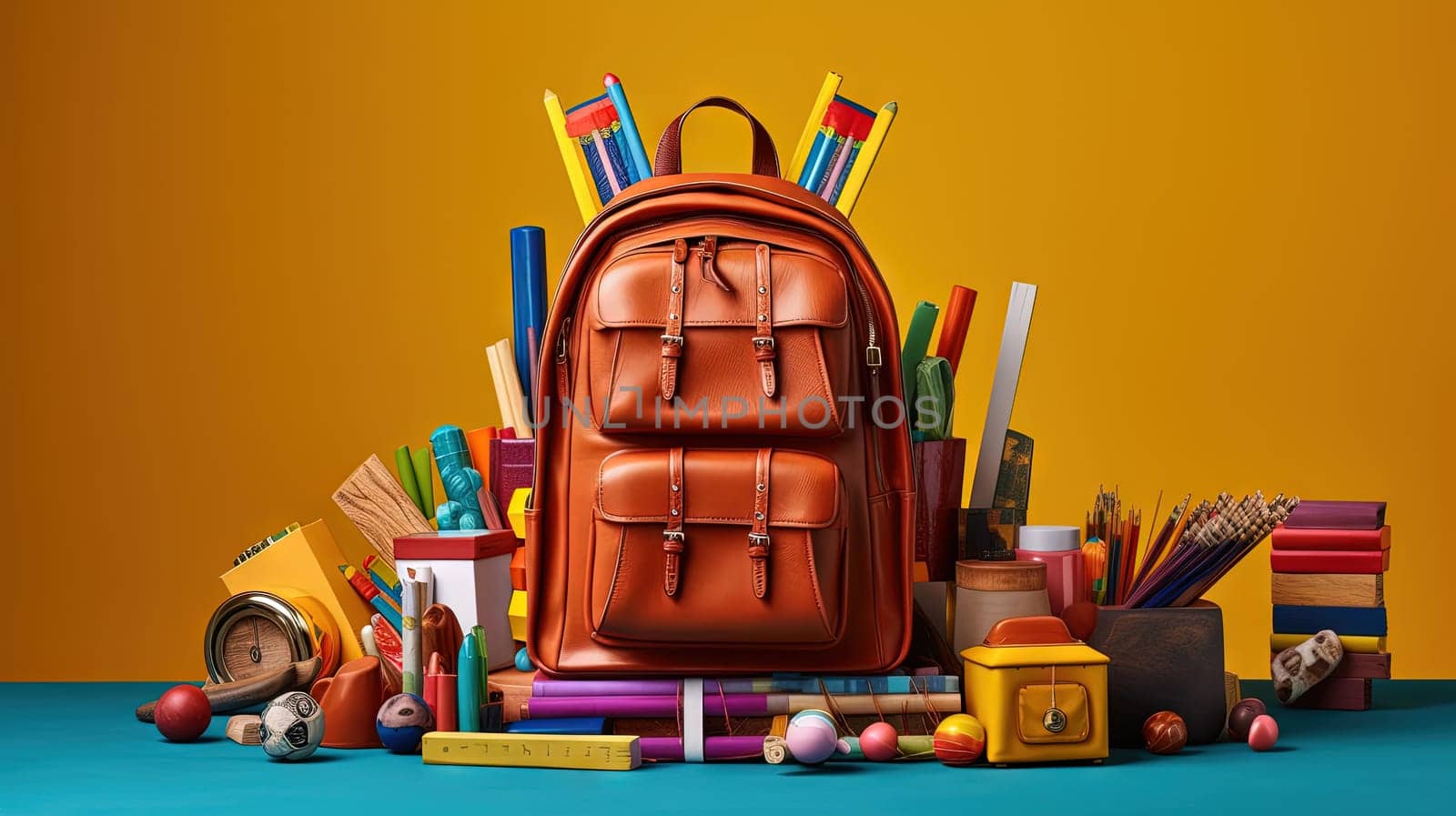 School backpack with colorful learning supplies. Back to school concept. Generated AI