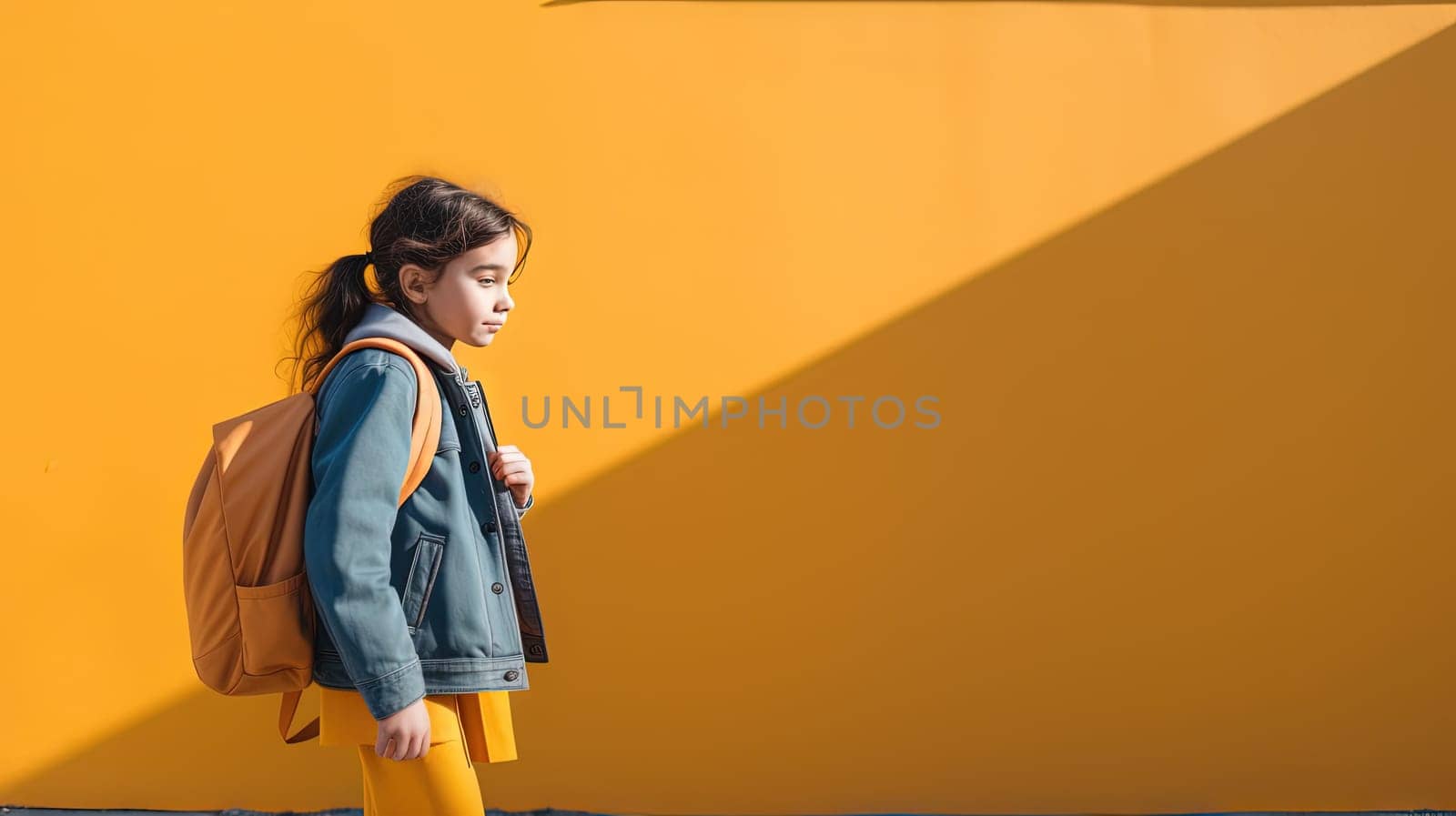 Schoolgirl standing by the wall. Colorful scene with girl with school backpack. Generated AI