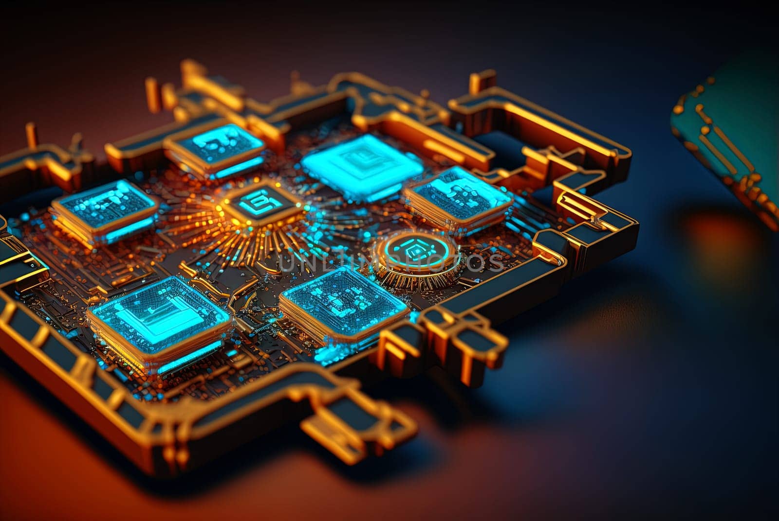 Abstract science and technology background with shiny connection elements and sci-fi intefrace. Tech abstraction wallpaper. Generated AI