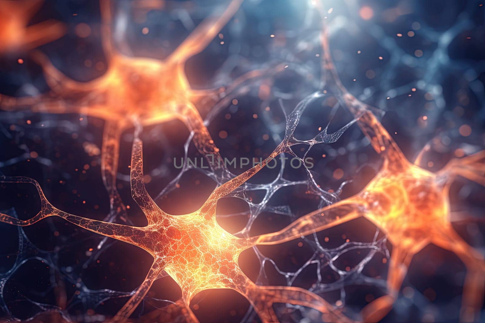 Science and medicine abstraction with neurons transmitting synapse signal. Neural system with impulse going through nerve cell. Generated AI