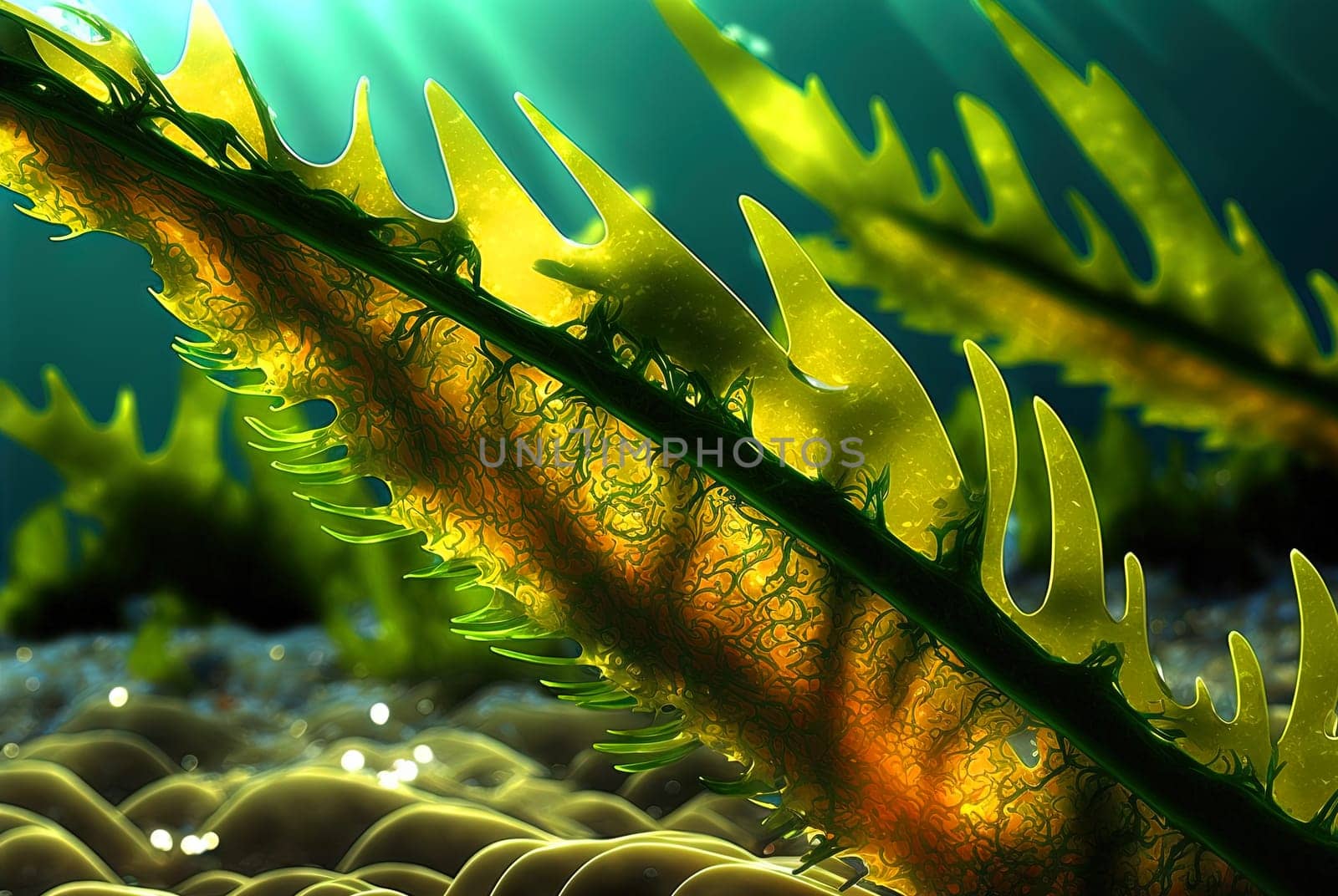 Seaweed on marine landscape. Wet grass on the coast with ocean or sea around. Generated AI