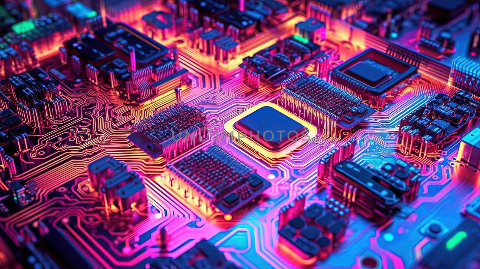 Motherboard with chips and connections in purple and blue neon lights. Technology background with microchips on hardware circuitboard. Generated AI