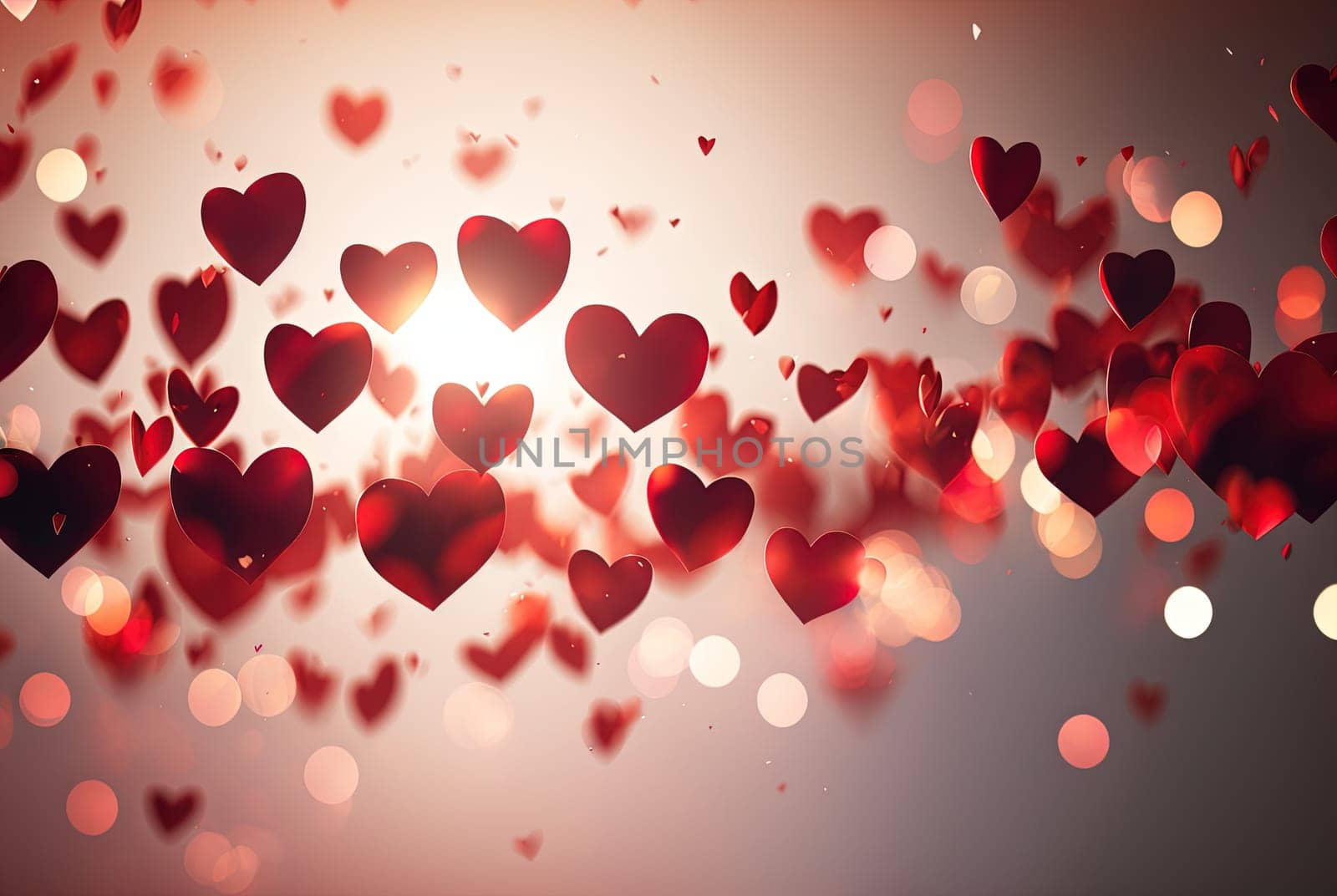 Abstract flying hearts, romantic pink symbols scattered to show love. Blurred background. Generated AI