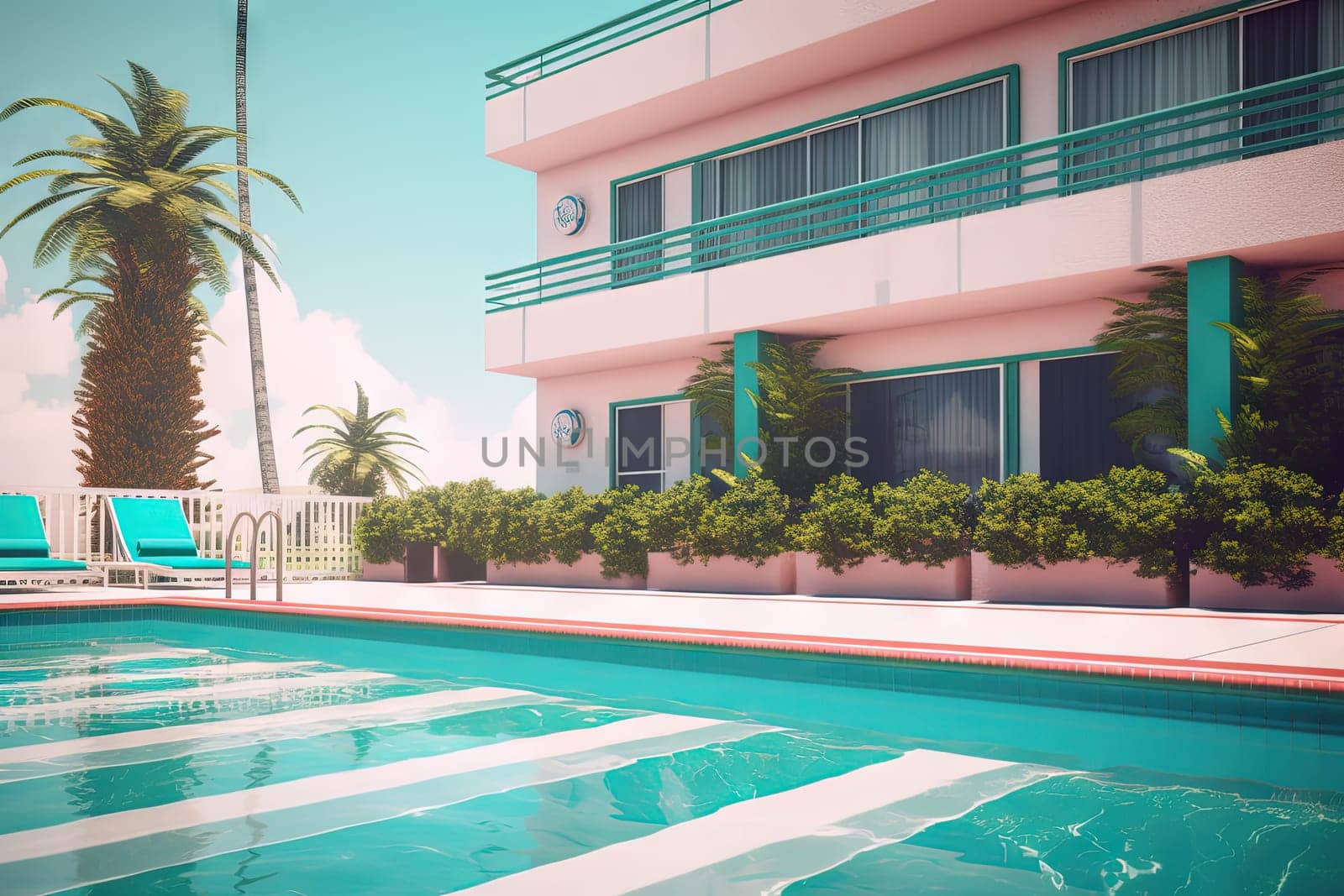 Summer hotel with pool in vaporwave style, pink and blue colors. Generated AI