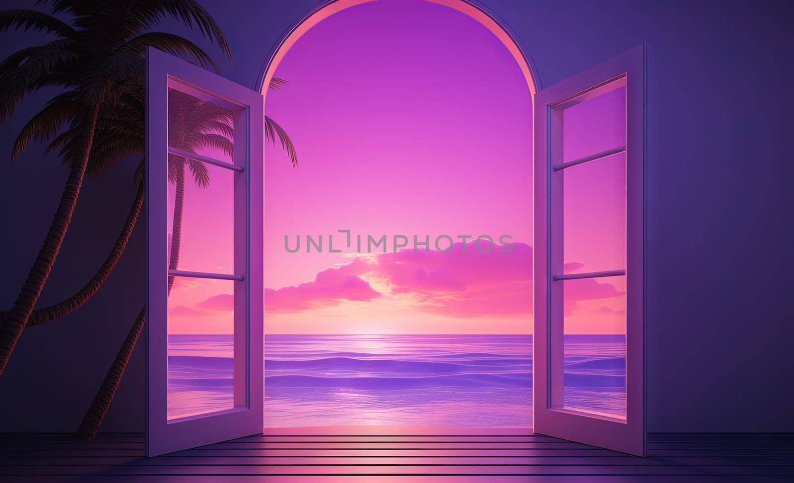 Open window with tropical landscape and ocean in vaporwave style. Purple sundown in 90s style room, vacation calmness frame. Generated AI