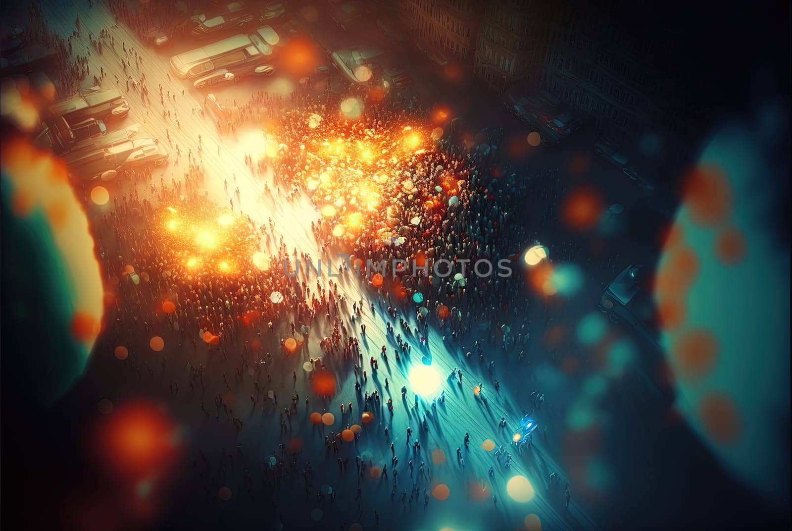 Crowd of people rioting, aerial view. Generative AI