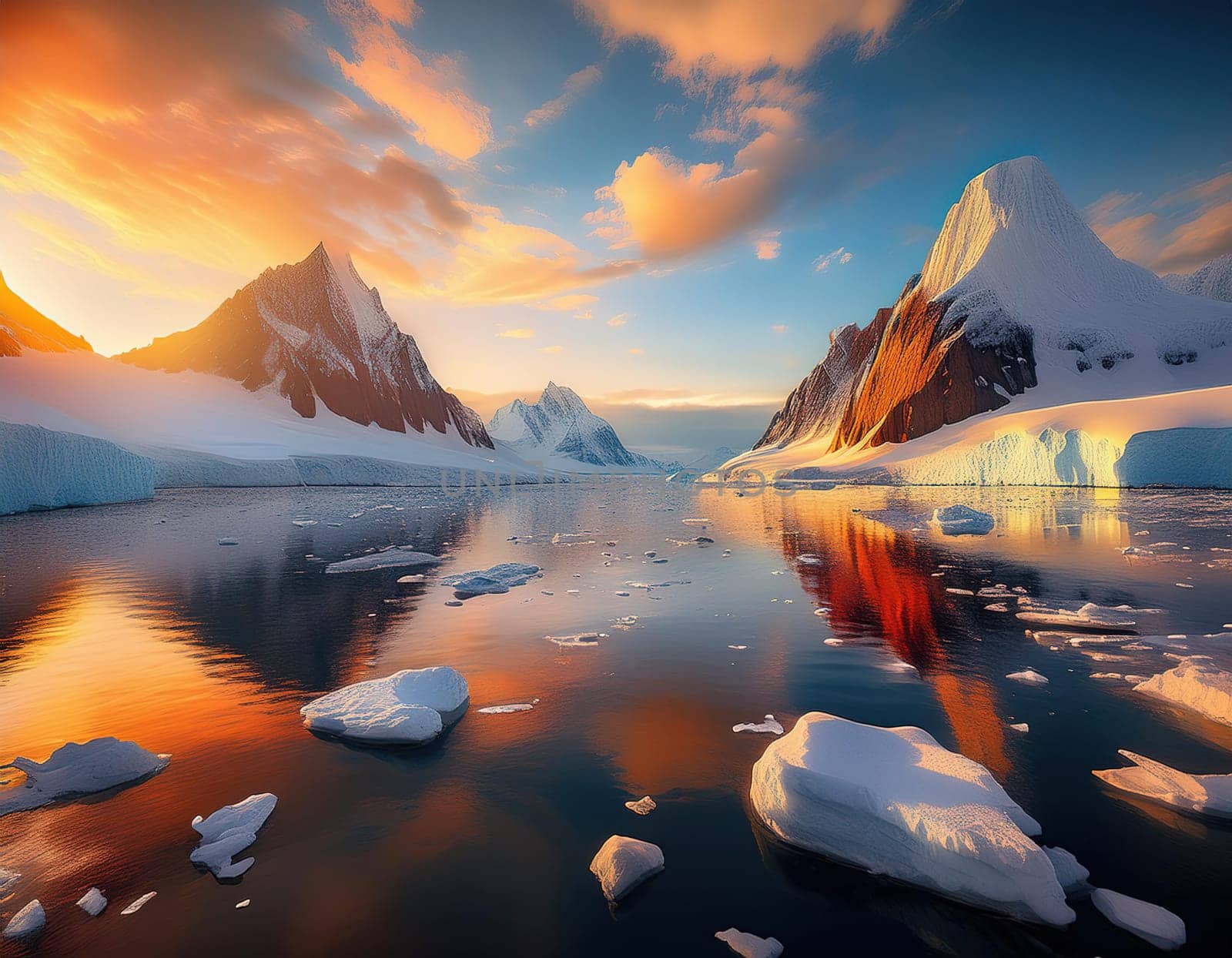 Antarctic Serenity.A breathtaking scene of snow-capped mountains reflected in the still waters of the Antarctic Ocean. The vastness of the icy landscape evokes a sense of peace and wonder.