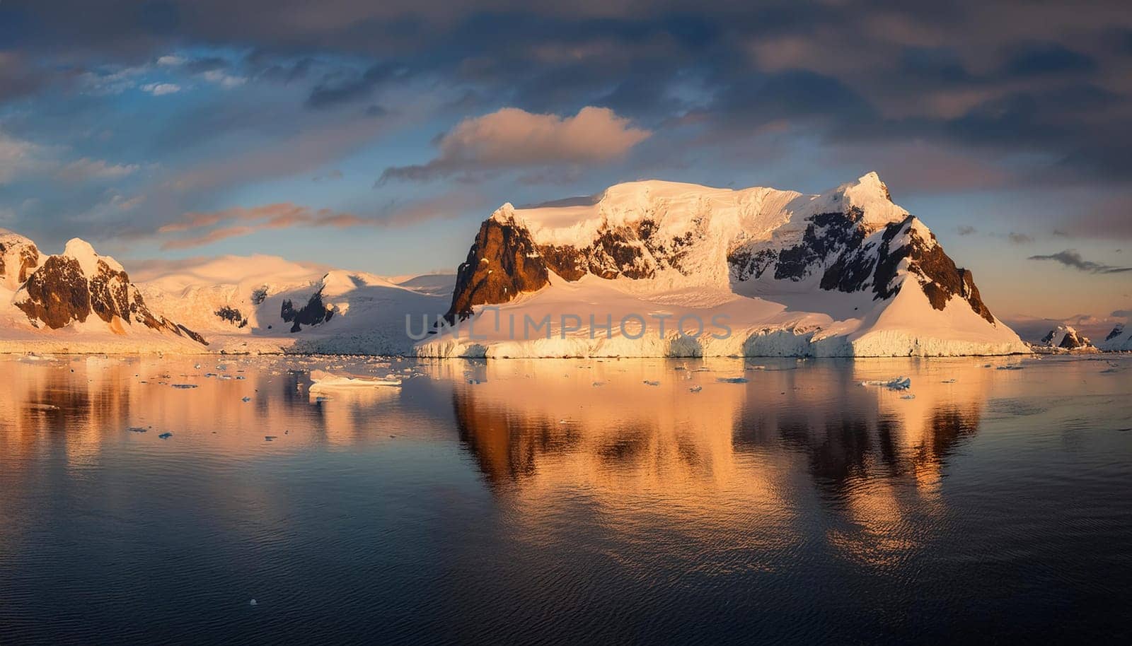 Antarctic Serenity.A breathtaking scene of snow-capped mountains reflected in the still waters of the Antarctic Ocean. The vastness of the icy landscape evokes a sense of peace and wonder.