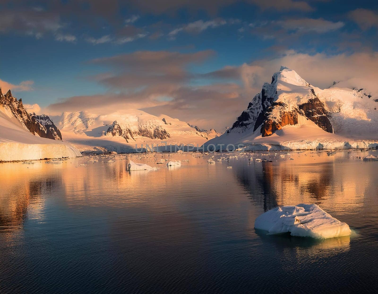 Antarctic Serenity.A breathtaking scene of snow-capped mountains reflected in the still waters of the Antarctic Ocean. The vastness of the icy landscape evokes a sense of peace and wonder.