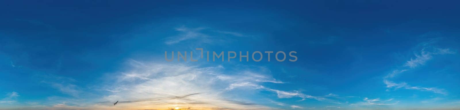 Sky panorama with Cirrostratus clouds in Seamless spherical equirectangular format as full zenith for use in 3D graphics, game and composites in aerial drone 360 degree panoramas for sky replacement