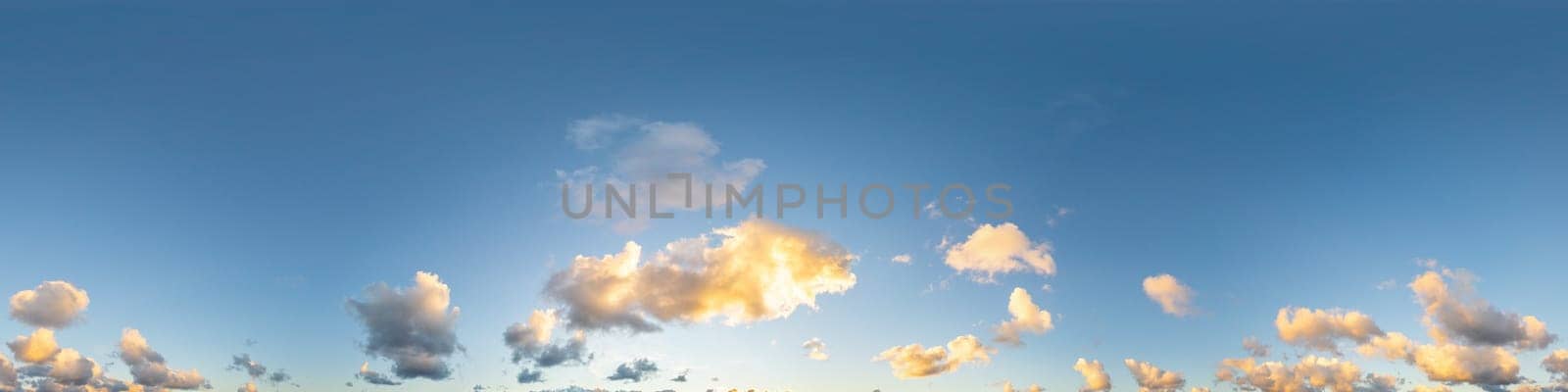 Sky panorama with Cirrus clouds in Seamless spherical equirectangular format. Full zenith for use in 3D graphics, game and editing aerial drone 360 degree panoramas for sky replacement