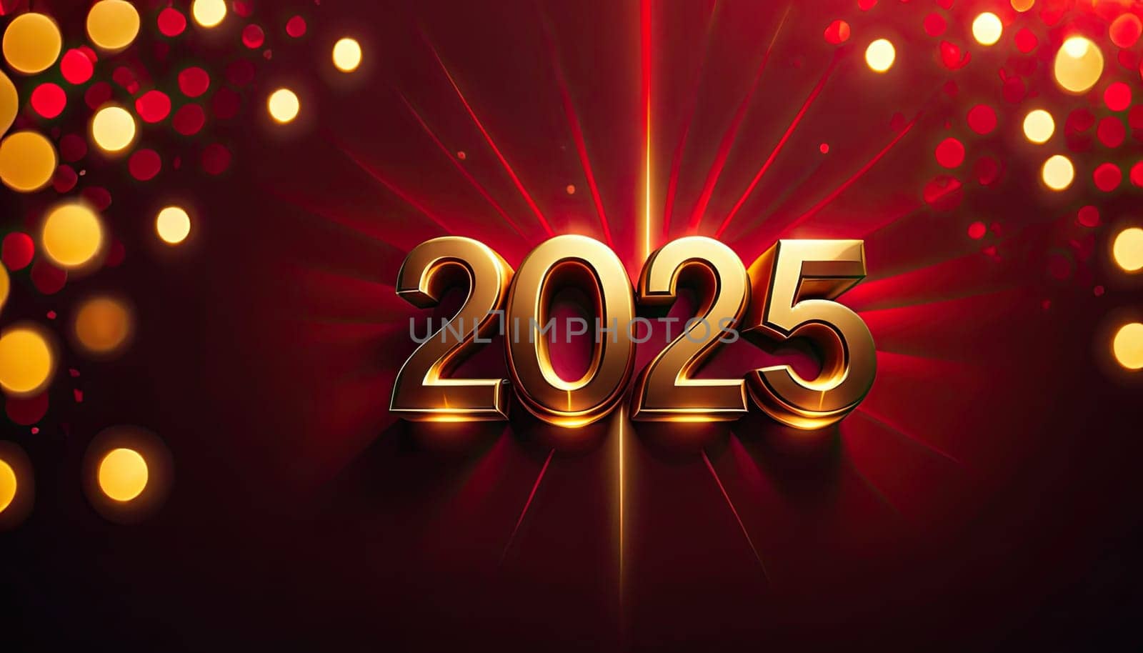 Golden digits 2025 on dark red background with bokeh lights, festive atmosphere, ideal for New Year event promotions