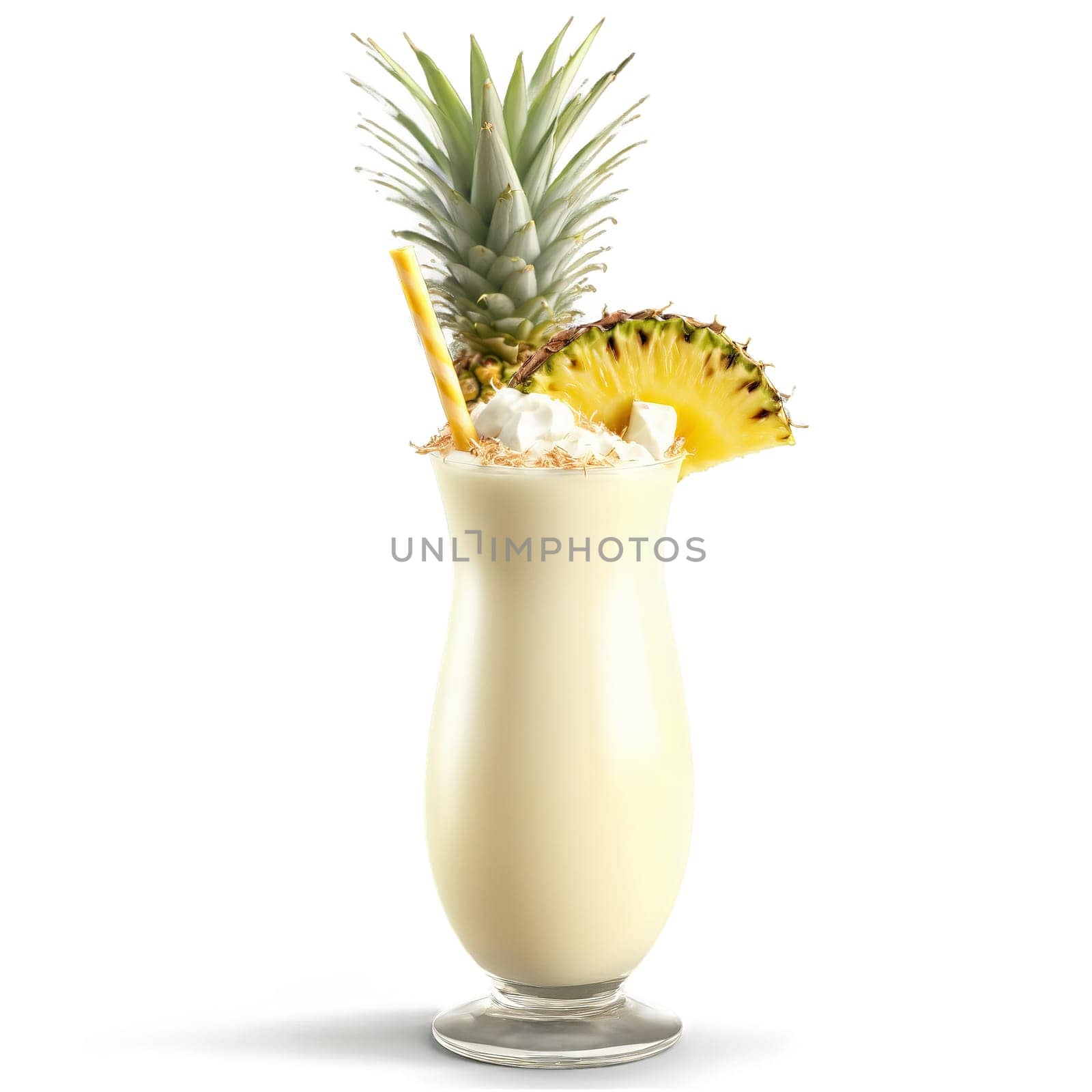 Pina Colada Milkshake pineapple wedge toasted coconut tropical getaway refreshing Summer drink concept Final image. close-up milkshake drink, isolated on transparent background