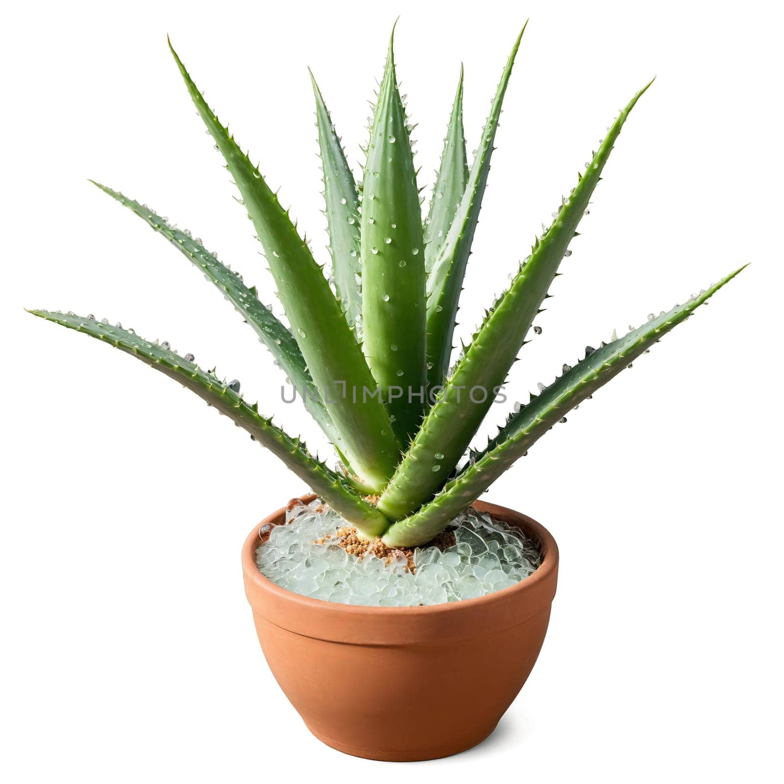 Aloe Vera thick succulent leaves jutting out from an angled terracotta pot with a splash. Plants isolated on transparent background.