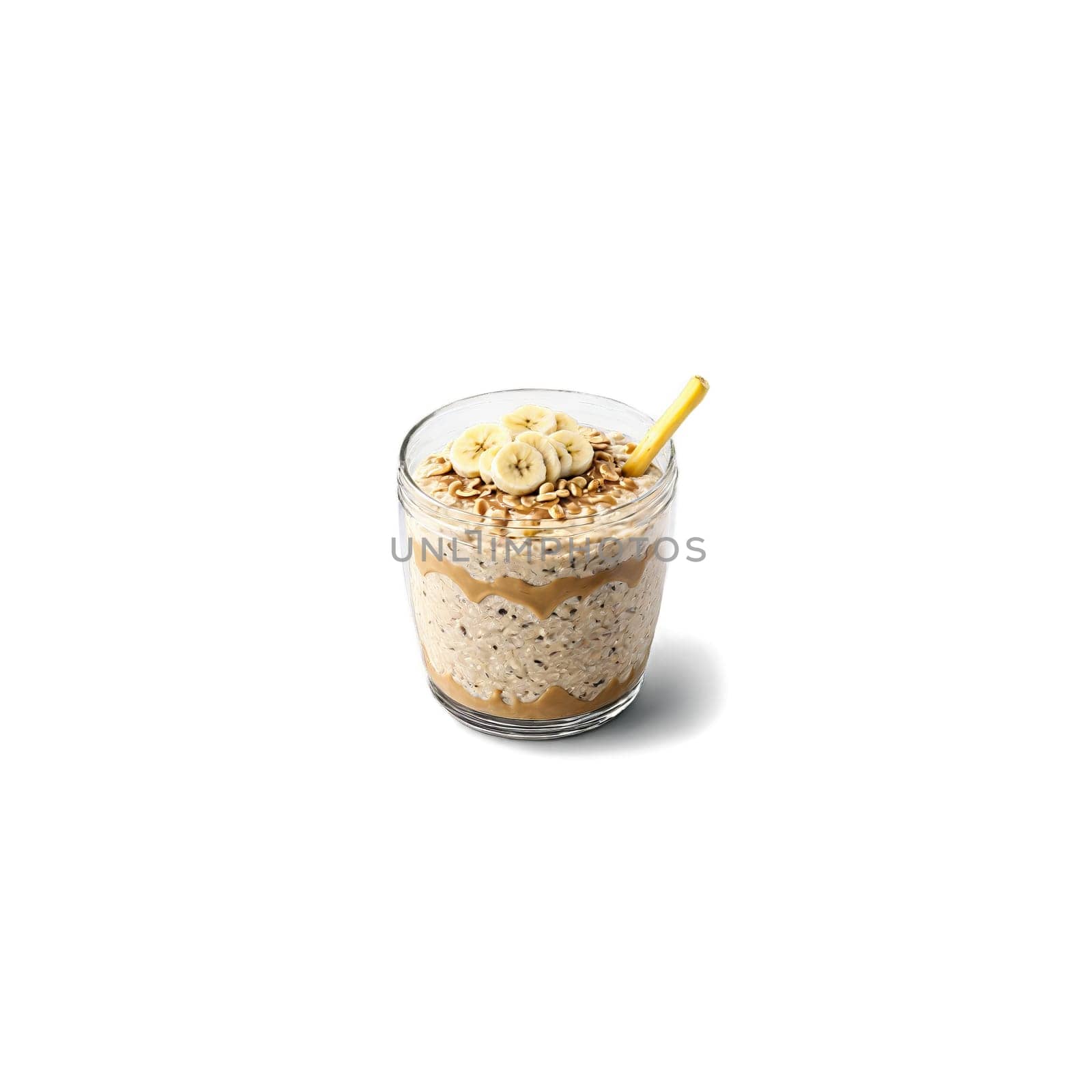 Peanut butter and banana overnight oats creamy oats layered with peanut butter and sliced bananas. Food isolated on transparent background.