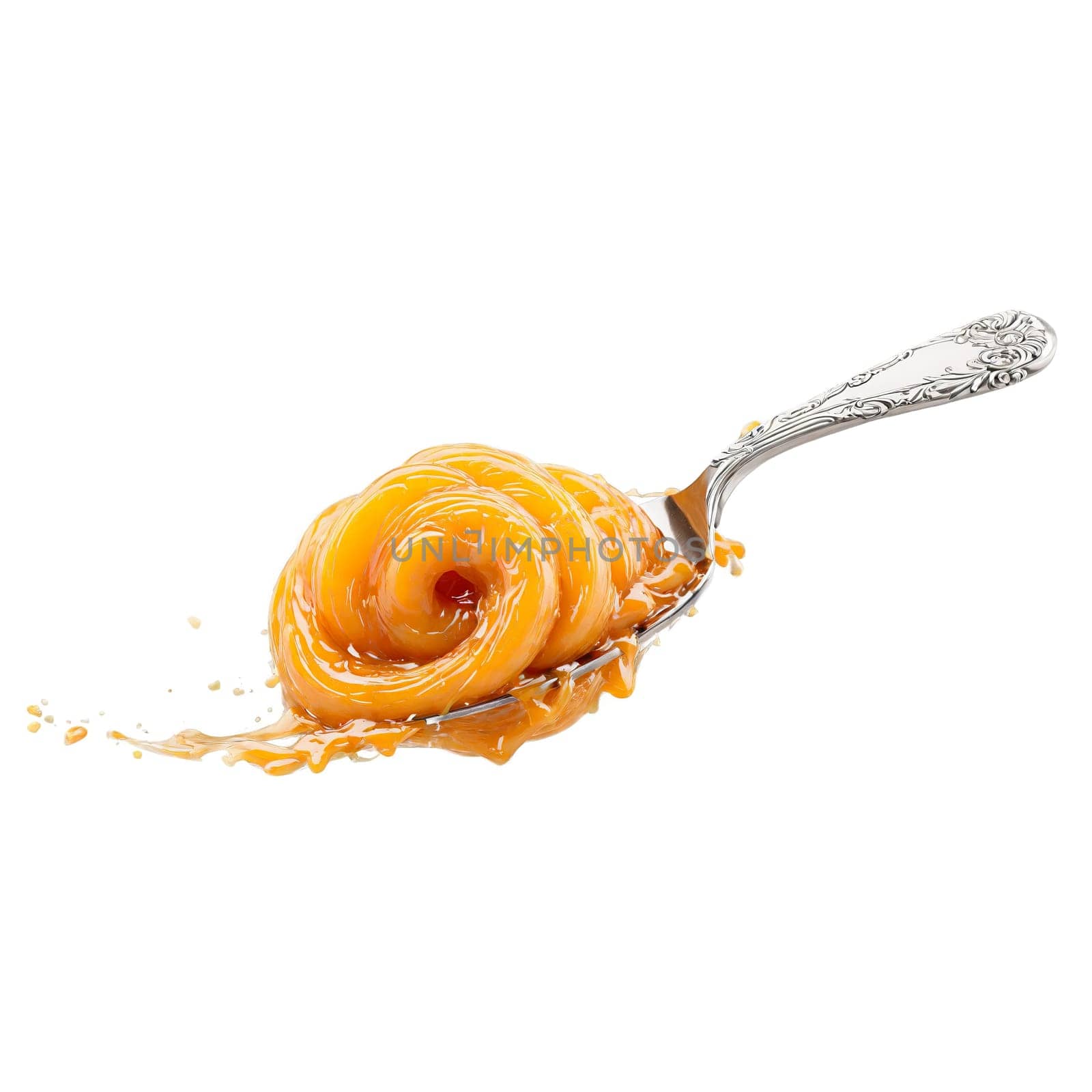 Apricot preserves swirl thick and chunky swirling off a knife with apricot halves tumbling Food. Food isolated on transparent background.
