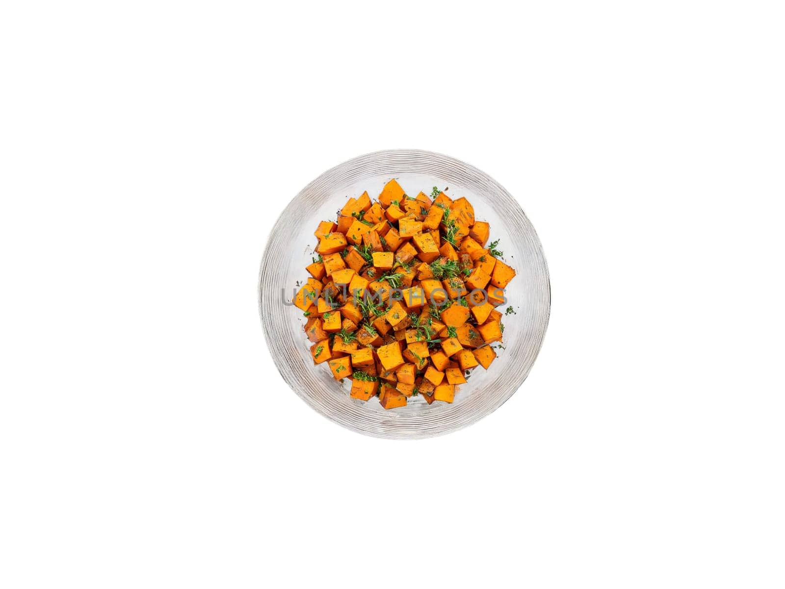 Sweet potatoes roasted and topped with a sprinkle of herbs served in a transparent glass. Food isolated on transparent background.