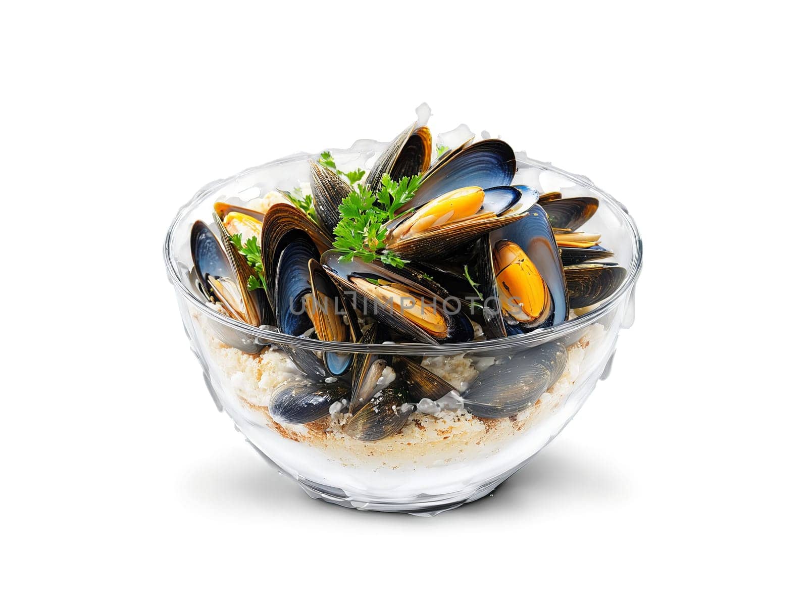 Mussels in white wine sauce with crusty bread on the side on a transparent glass. Food isolated on transparent background.