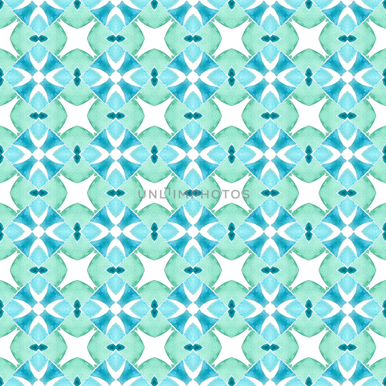 Textile ready rare print, swimwear fabric, wallpaper, wrapping. Green curious boho chic summer design. Green geometric chevron watercolor border. Chevron watercolor pattern.