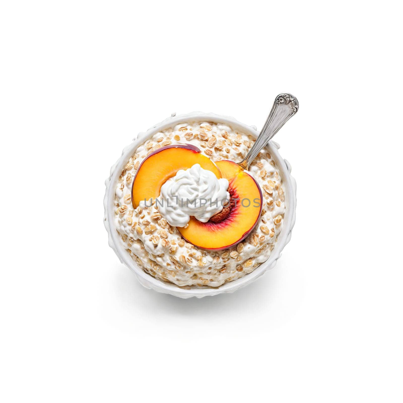 Peaches and cream overnight oats creamy oats layered with sliced peaches and a swirl of. Food isolated on transparent background.