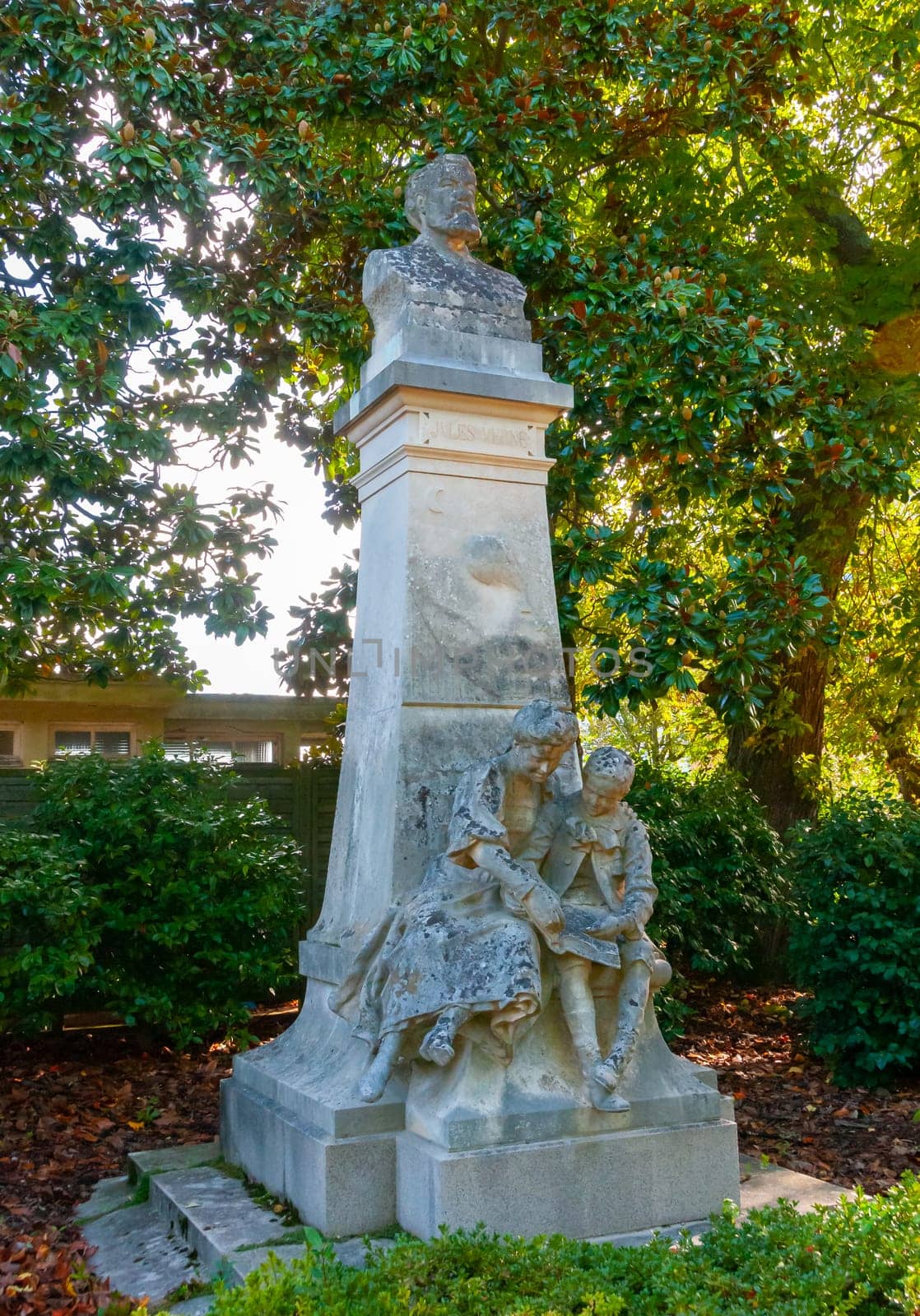 NANTES, FRANCE - SEPTEMBER 12, 2017: sculpture, monument to JVLES VERNE in the park of plants in Nantes, France