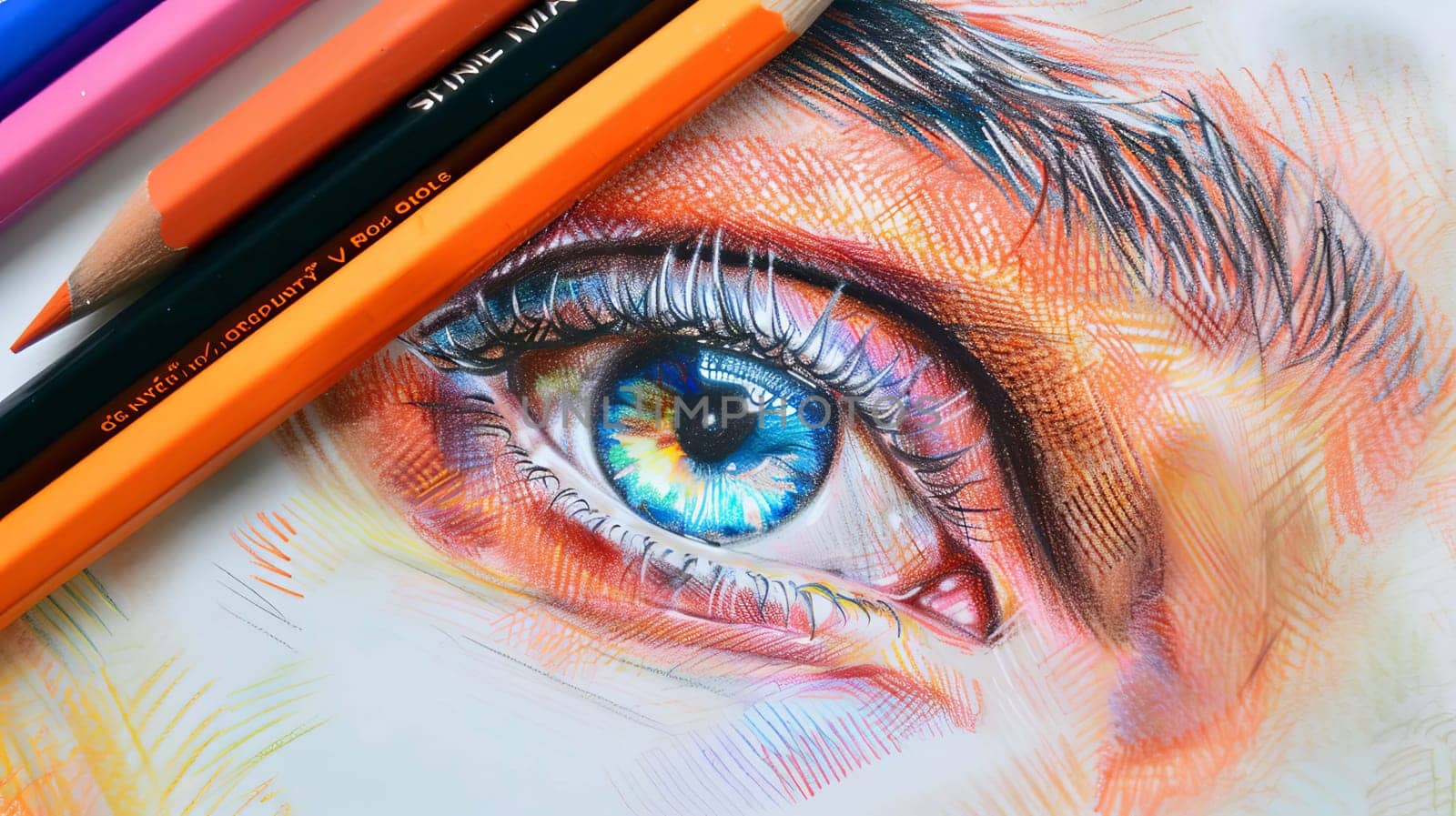 colored eyes drawn with colored pencils close up. Generative AI,