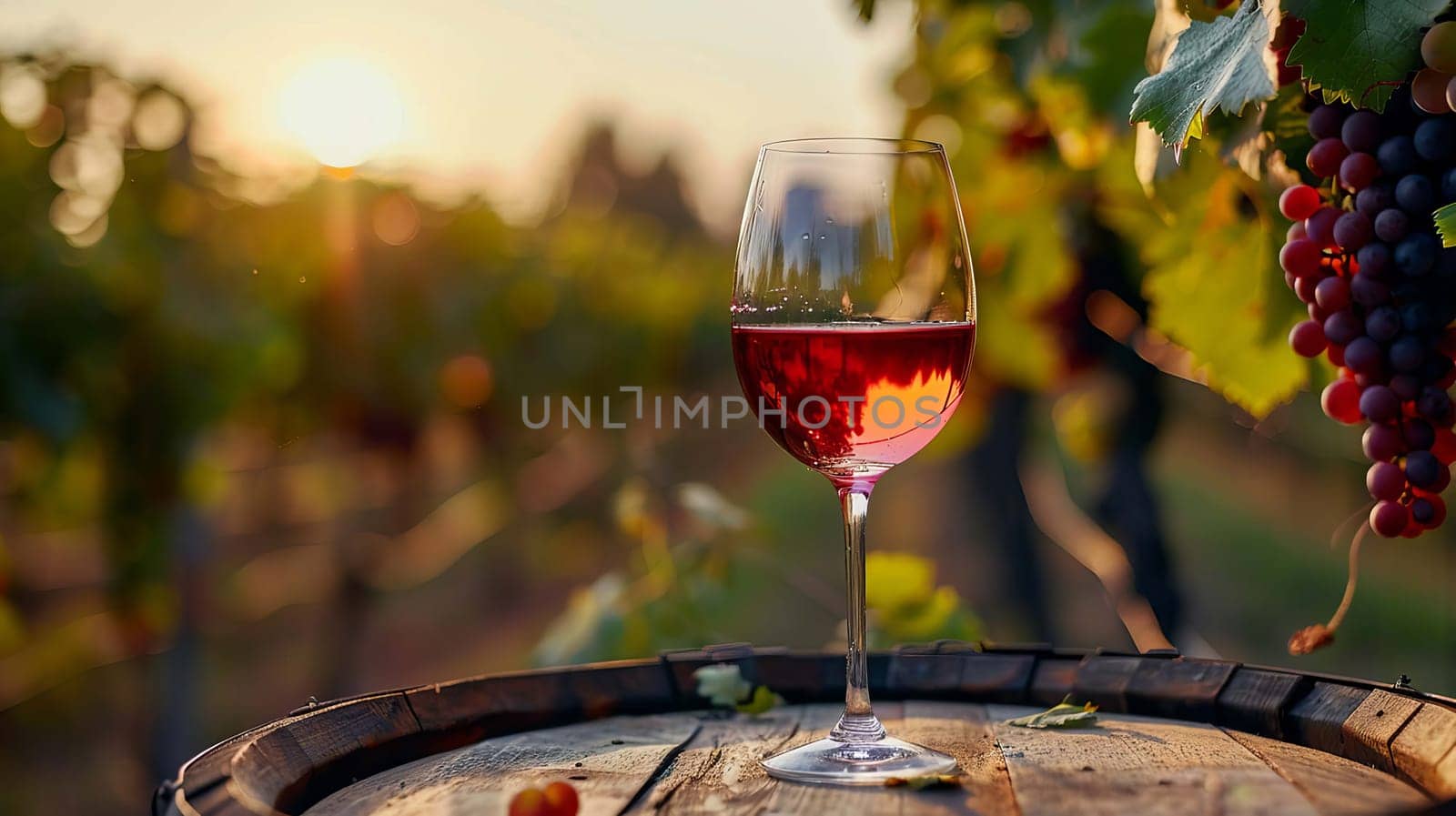 glass of wine on a wooden barrel. selective focus. Generative AI, drink