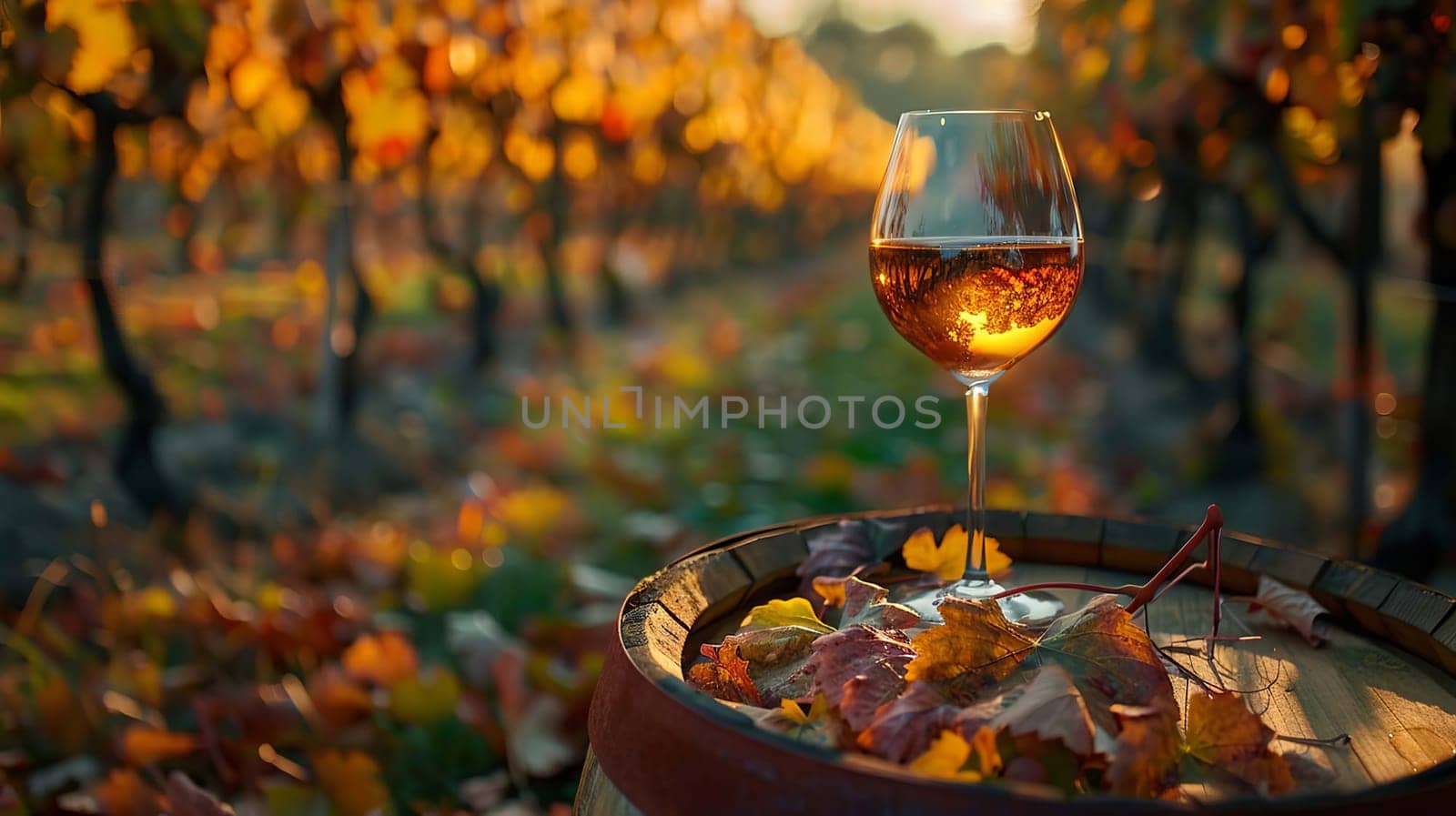 glass of wine on a wooden barrel. selective focus. Generative AI, drink