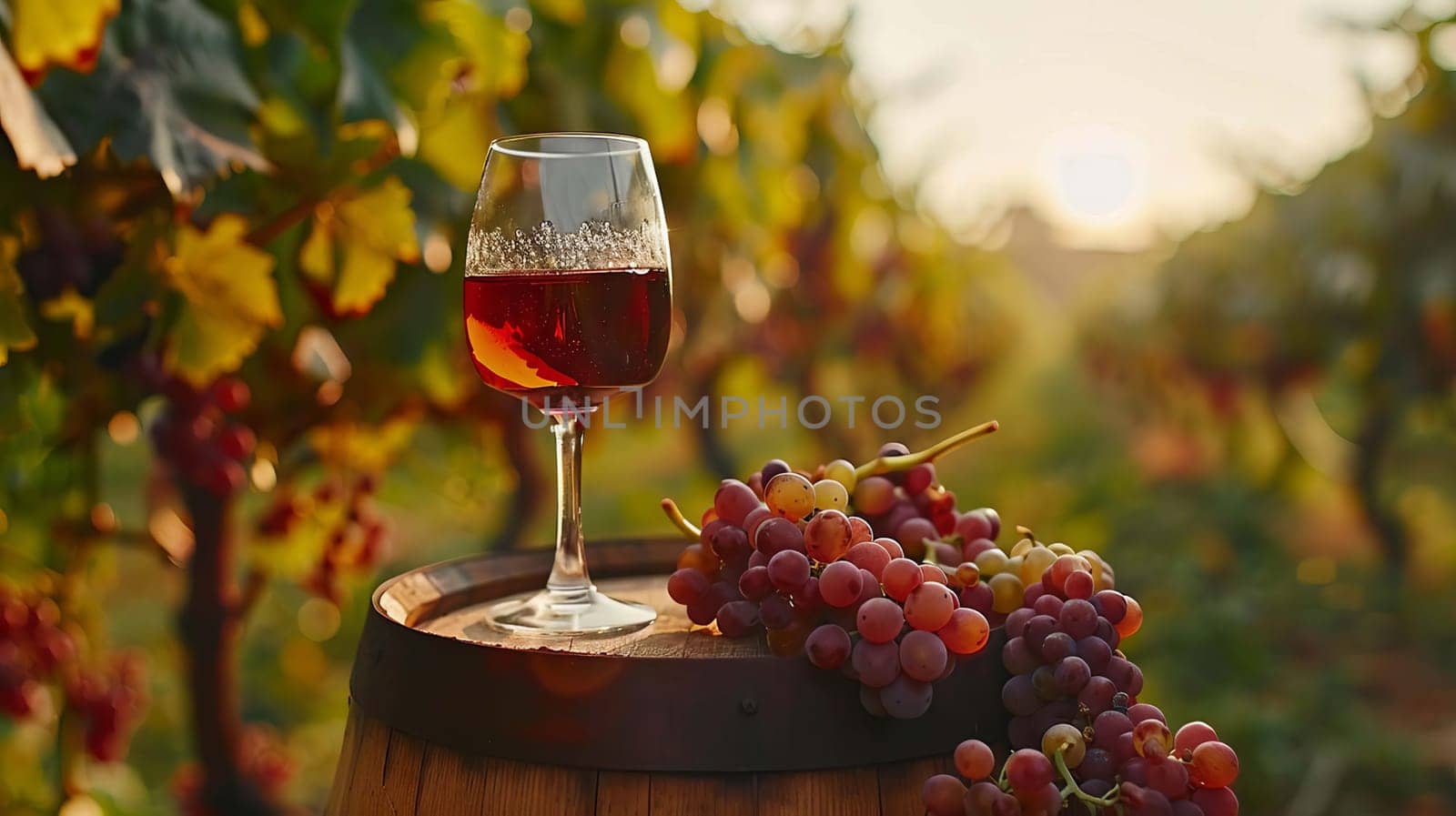 glass of wine on a wooden barrel. selective focus. Generative AI, drink