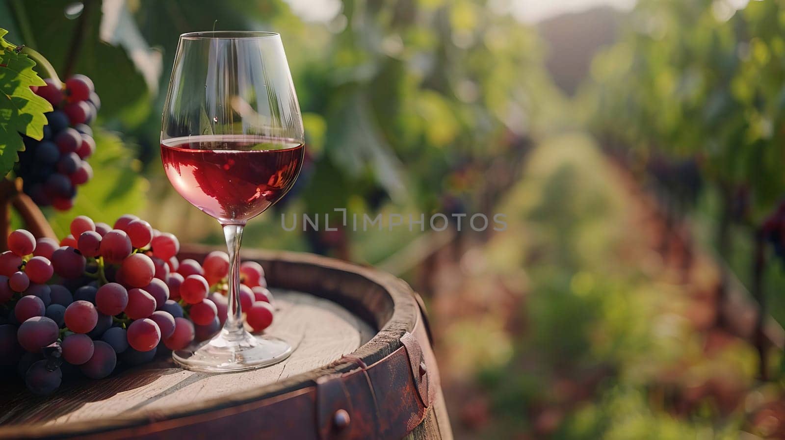 glass of wine on a wooden barrel. selective focus. Generative AI, drink