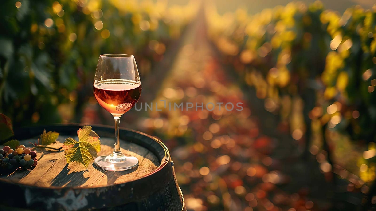 glass of wine on a wooden barrel. selective focus. Generative AI, drink