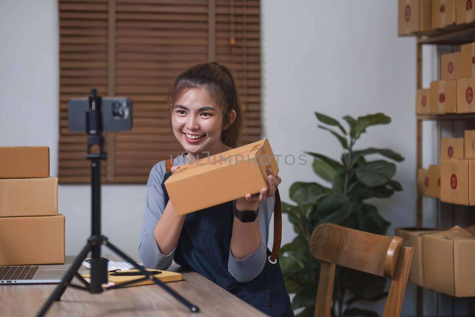 Asian blogger review products and video camera on her phone, sell them online, and showcase her products online on social media. ecommerce business live streaming vlog new normal concept by wichayada