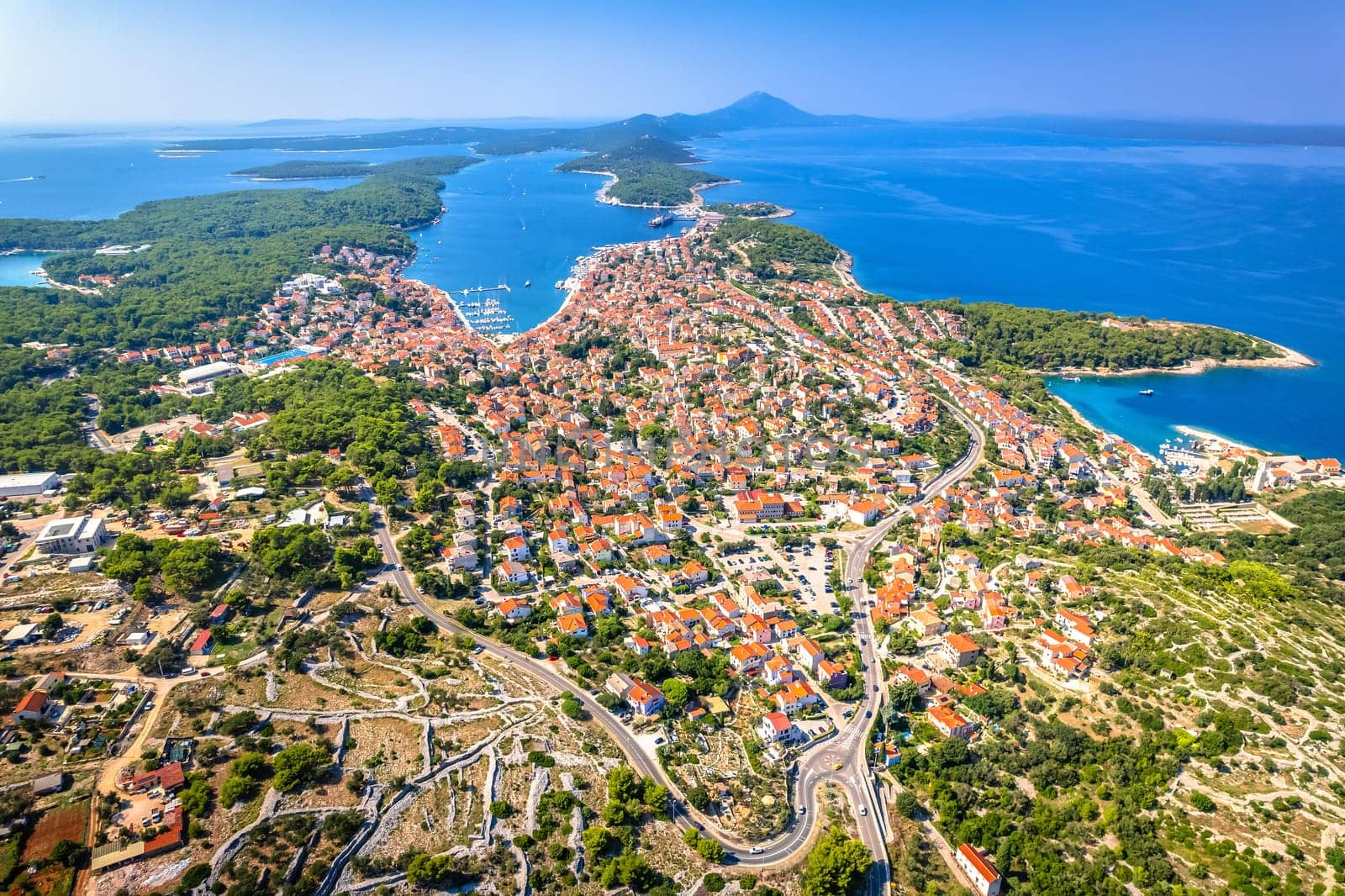 Town of Mali Losinj aerial panoramic view, Losinj archipelago of Croatia