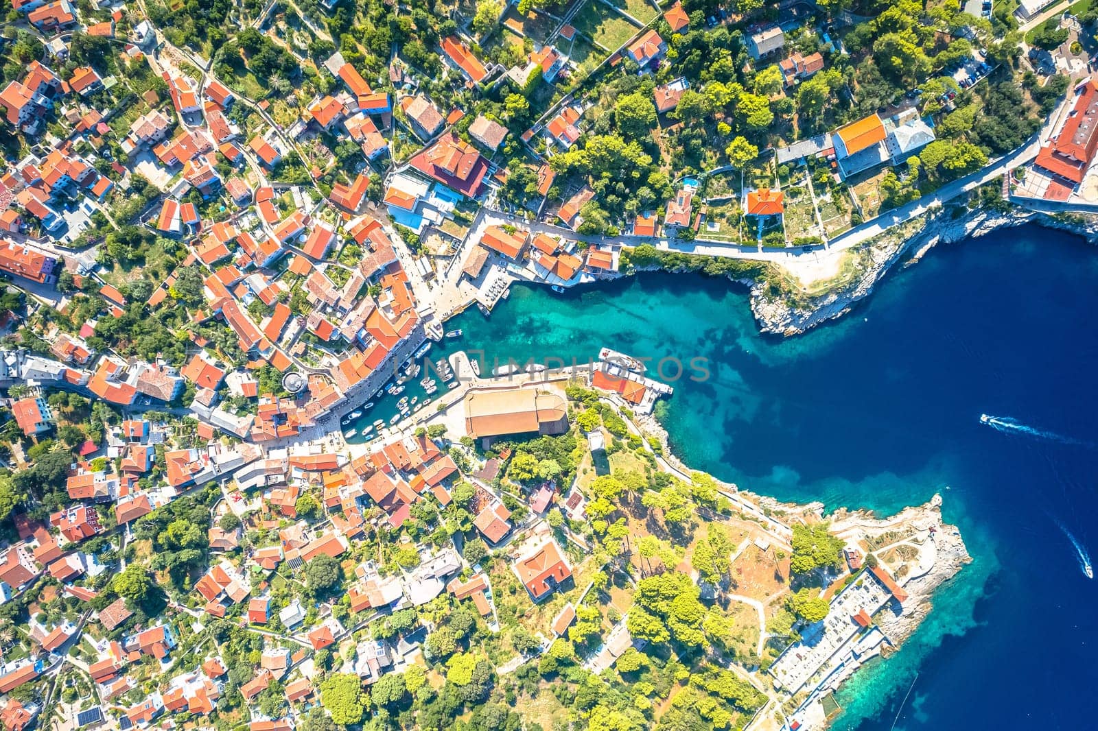 Veli losinj bay and architecture aerial view, Island of Losinj, archipelago of Croatia