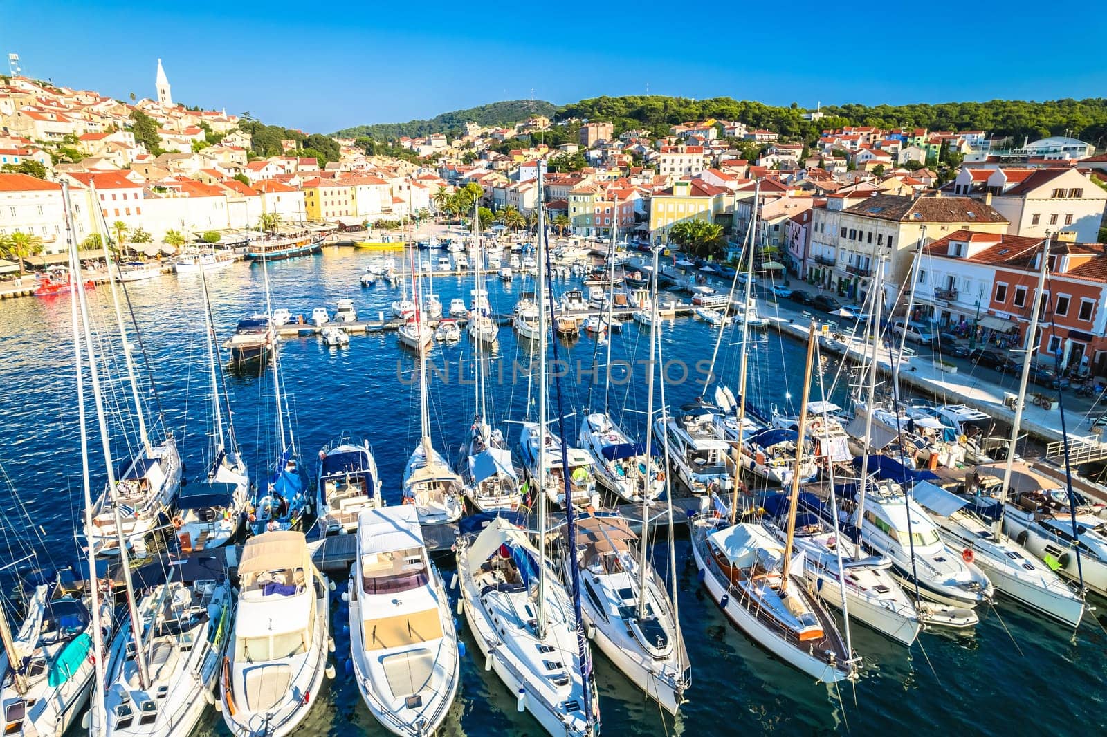 Mali Losinj sailing harbor aerial view, archipelago of Losinj in Croatia