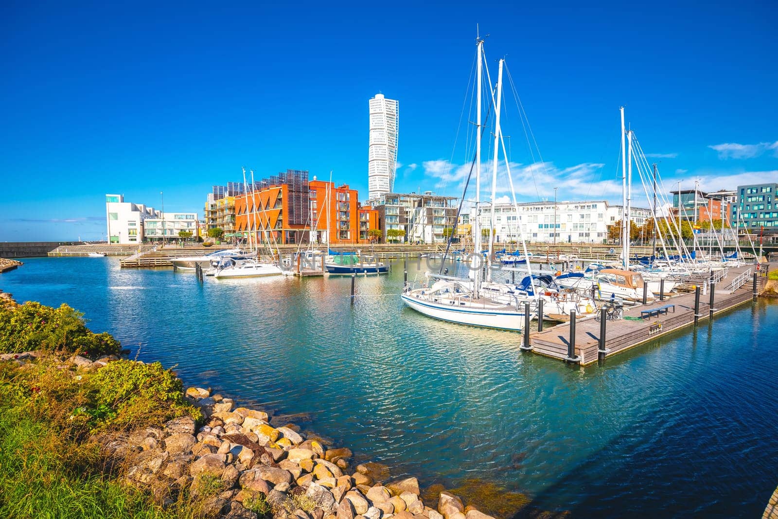 City of Malmo waterfront skyline architecture view, Scania province of Sweden