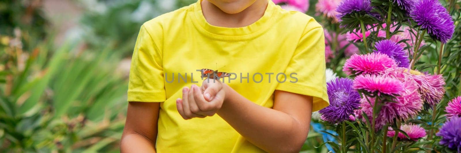 boy holding a butterfly on his hand selective focus by Anuta23