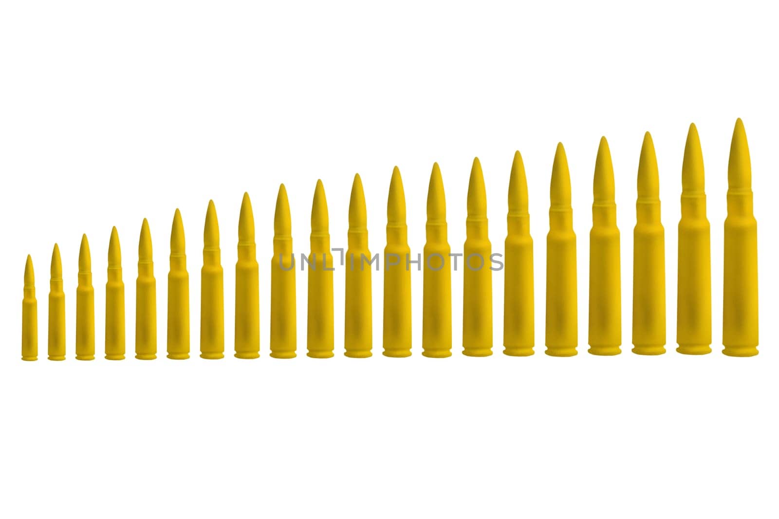 cartridges increase from small to large isolated on white, war and the growth of military production
