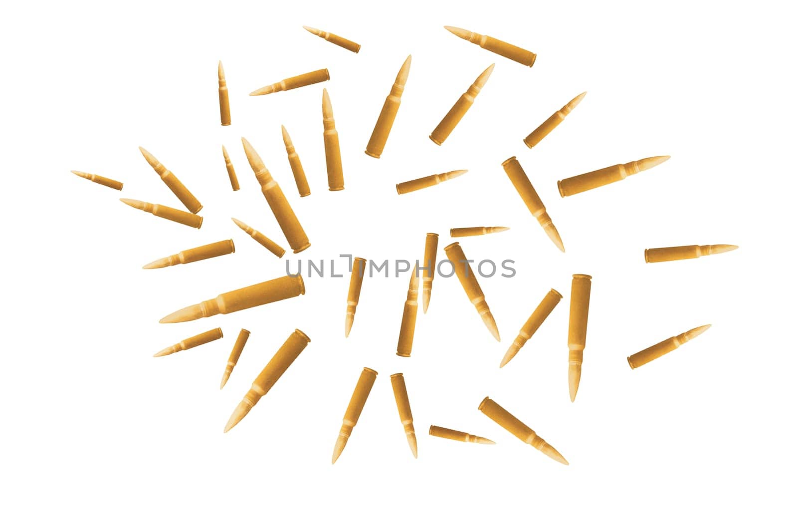 cartridges scatter in different directions isolate on white, war and the growth of military production
