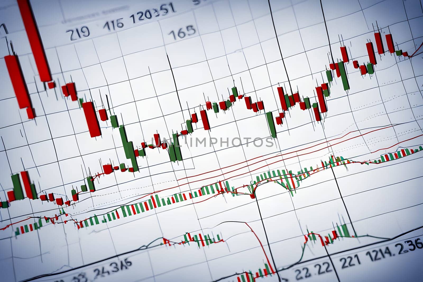 A stock market chart showcases the daily fluctuations in prices of various assets, featuring red and green candlestick patterns alongside different technical indicators. This detailed representation helps traders analyze market trends and make informed decisions about buying and selling.