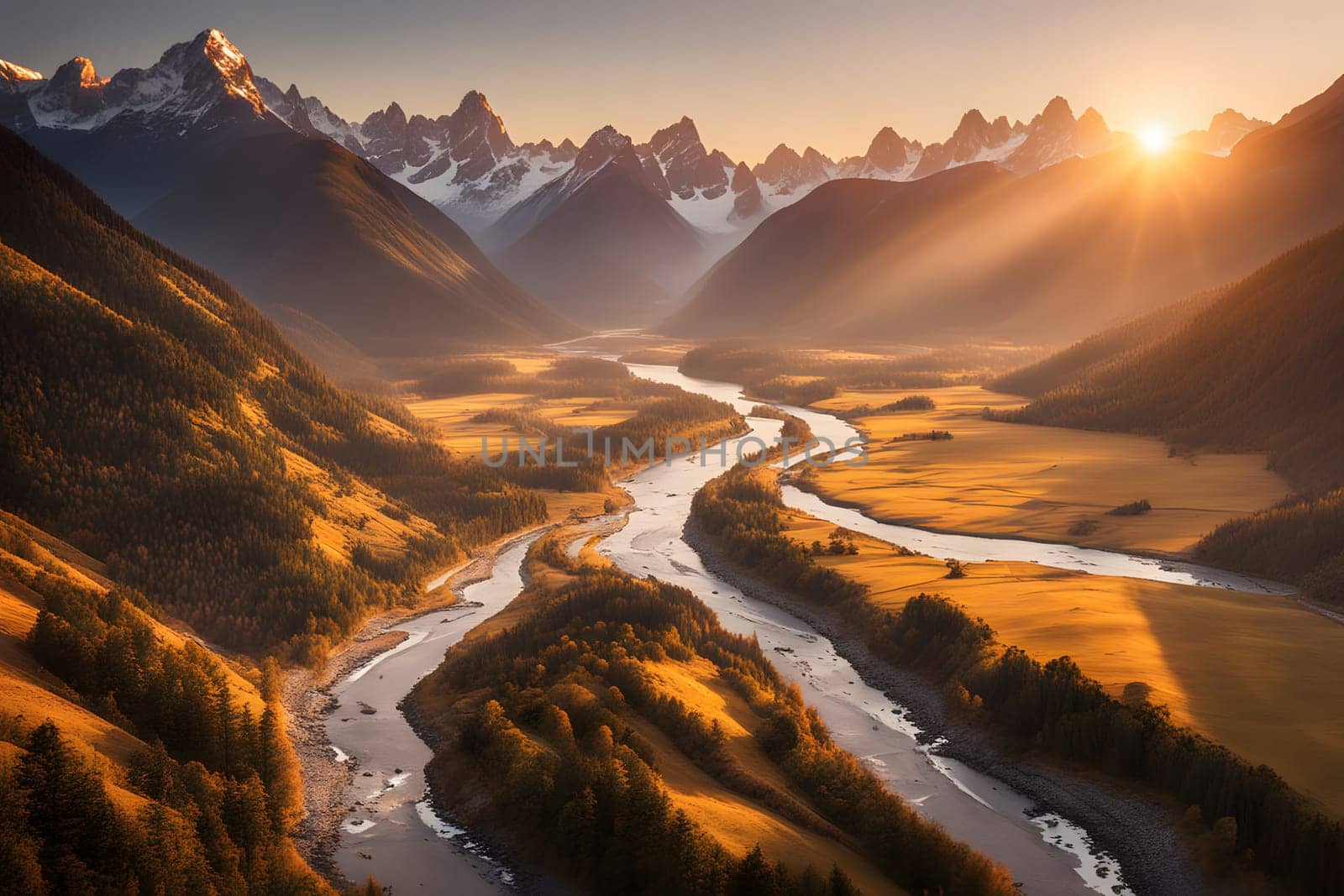 The sun sets behind towering mountain peaks, casting a warm golden glow over the lush valley below. A winding river meanders through the landscape, reflecting the vibrant colors of twilight. Gentle hills adorned with trees frame the river, creating a serene atmosphere that invites tranquility.