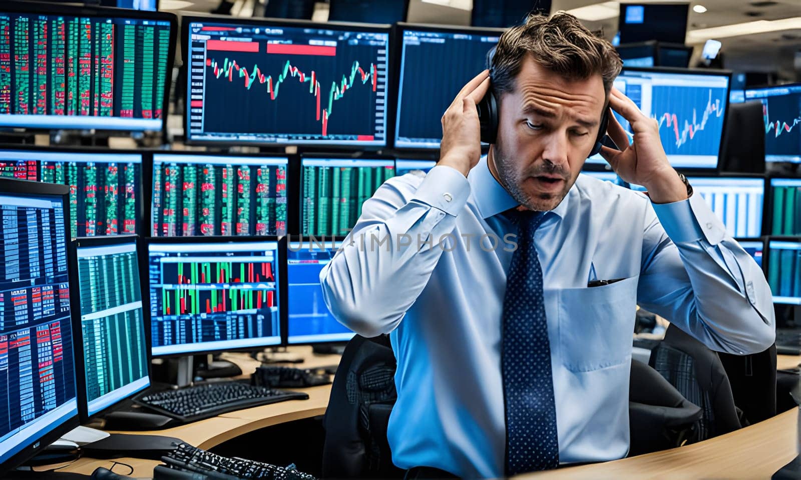 A male stock trader sits at his desk, with his hands over his ears, surrounded by multiple computer screens displaying fluctuating stock market data. He appears distressed and overwhelmed by the overwhelming amount of information.