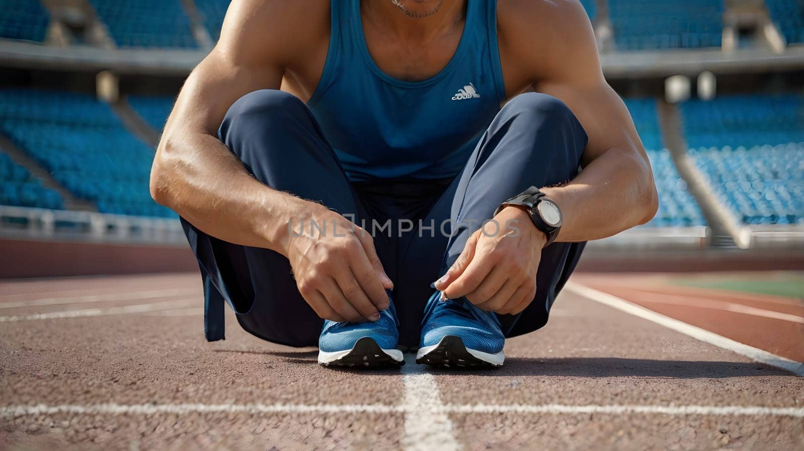 A focused athlete crouches on the track, tying shoelaces in preparation for an upcoming sprint. The vibrant stadium is filled with blue seating, creating a vibrant backdrop for the event.