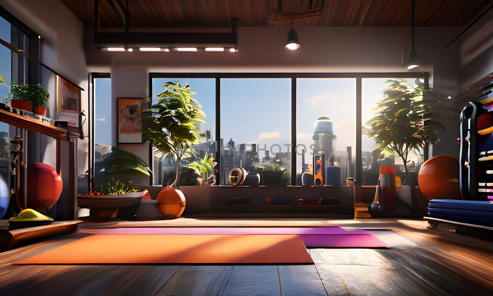 A modern apartment studio with a large window overlooking a city skyline. The studio has a wooden floor and is equipped for yoga, with a yoga mat laid out on the floor. There are several plants in the room, as well as a shelf with exercise equipment, suggesting this is a home gym.